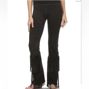 Party Yoga Pants FRINGE Black Mineral Wash Fold over Stretch